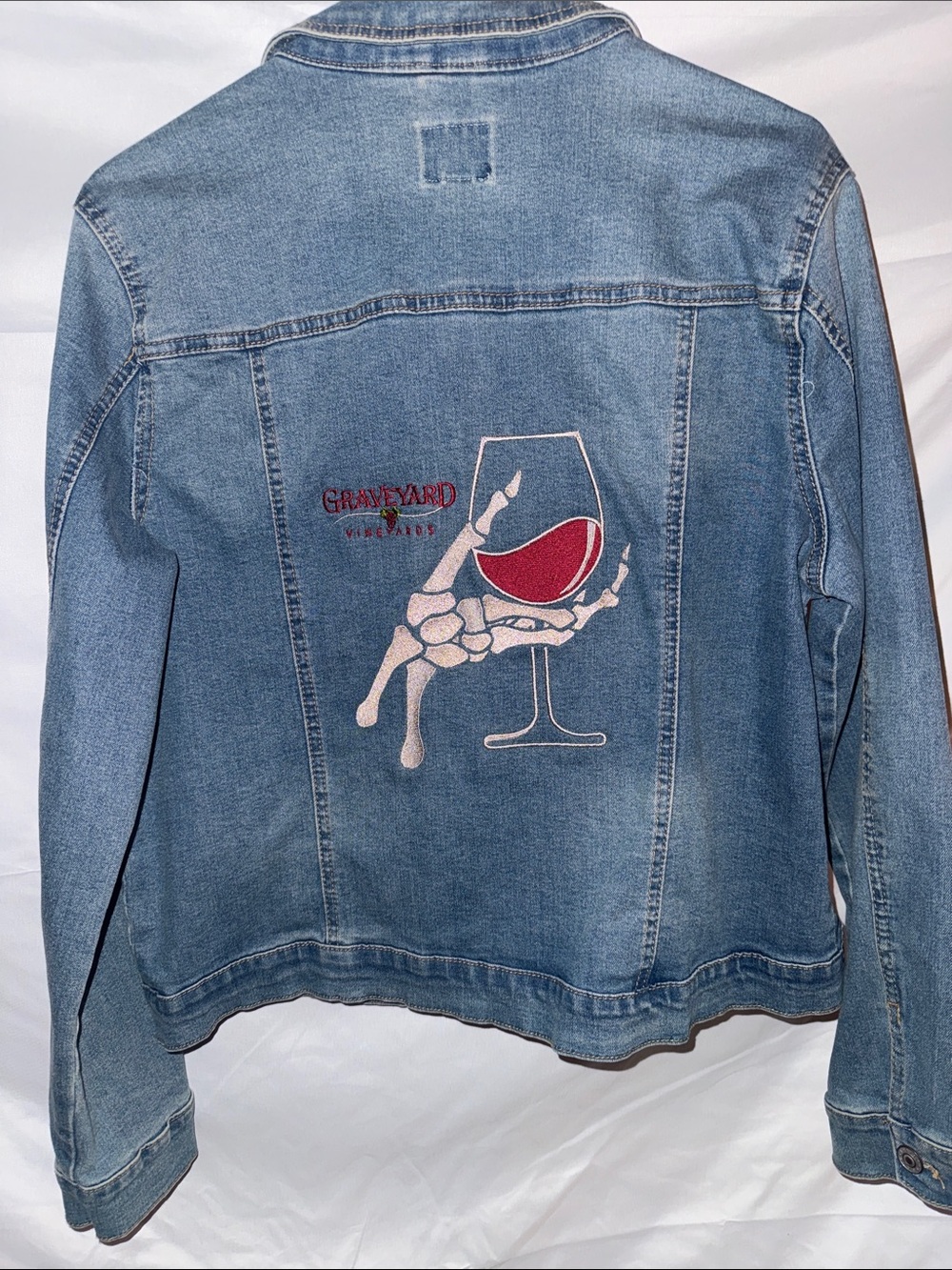 Embroidered Denim Jacket with Wine Glass Graphic